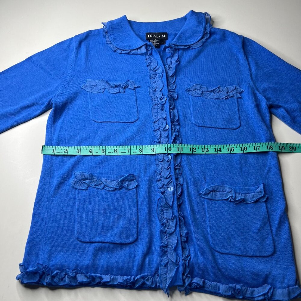 Tracy M. Blue Ruffled Cardigan Size L - Picture 7 of 9